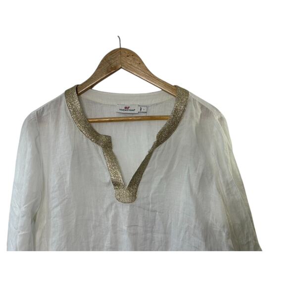 Vineyard Vines White & Gold Pleated Linen Tunic Women's Size Large - Picture 2 of 7